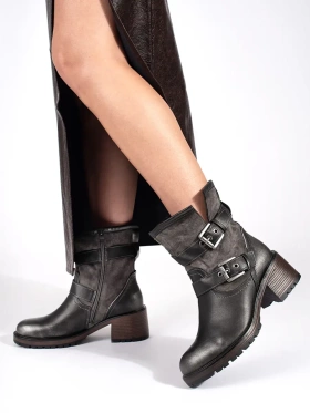 Chocolate Metallic Ankle Boots with Buckles on Heels