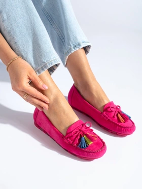 Fuchsia Suede Boho Loafers with Tassels