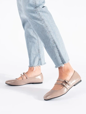 Shiny Beige Ballet Flats with Strap