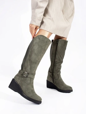 Suede Dark Green Wedge Boots