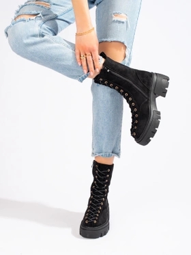 Suede Lace-Up Black Ankle Boots