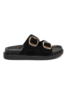 Women's Black Slippers with Gold Buckles