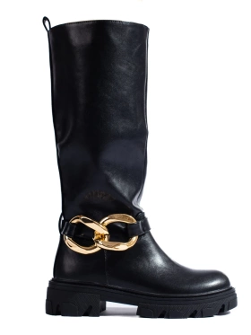 Black Chain-Detail Faux Leather Boots