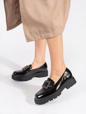 Elegant Black Platform Loafers with Buckle and Sparkling Accents