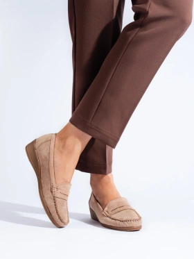 Suede Beige Loafers with Low Wedge Heel