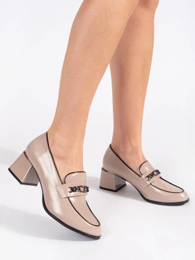 Beige Heeled Loafers with Chain Detail