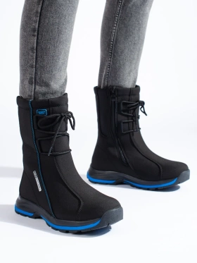 Black and Blue Softshell Snow Boots with Faux Fur Trim