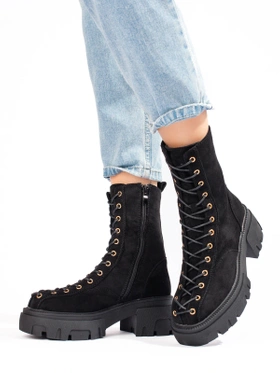 Suede Lace-Up Black Ankle Boots