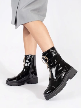 Glossy Black Ankle Boots with Decorative Zipper