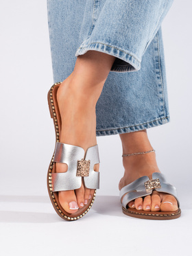 Shiny Silver Slide Sandals