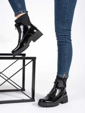 Glossy Black Ankle Boots with Zipper