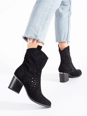 Black Lattice Cowboy Ankle Boots with Block Heel