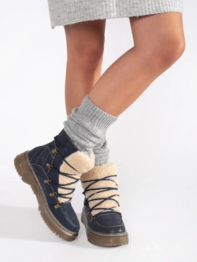 Navy Blue Cozy Lace-Up Boots with Sheepskin Trim