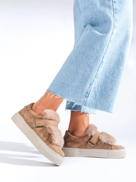 Beige Suede Sneakers with Faux Fur