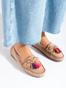 Light Beige Suede Boho Loafers with Tassels