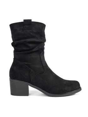 Black Cowboy Style Ankle Boots with a Gathered Shaft