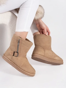 Light Beige Snow Boots with Decorative Buckle and Zipper