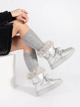 Silver Fur-Lined Snow Boots with Chunky Soles