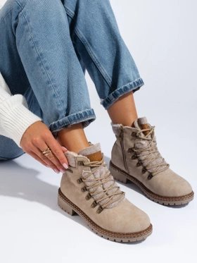 Beige Lace-Up Boots with Faux Fur Trim