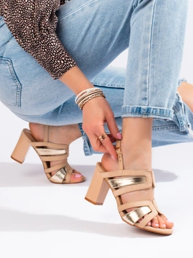 Chic Beige and Gold Block Heel Sandals by Vineza