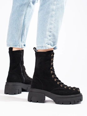 Suede Lace-Up Black Ankle Boots