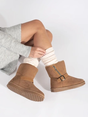 Beige Snow Boots with Decorative Buckle and Zipper