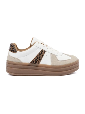 Biało-beżowe sneakersy na platformie z motywem panterki