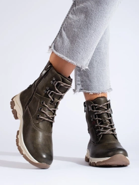 Lace-Up Boots with Decorative Zipper in Khaki