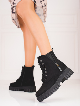 Lace-Up Ankle Boots with Decorative Upper in Black