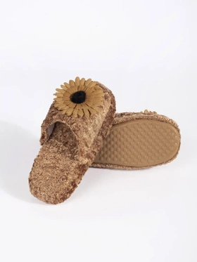 Children's Brown Slippers with Decorative Flower