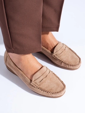 Suede Beige Loafers with Low Wedge Heel