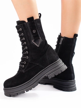 High Leather Lace-Up Boots in Black