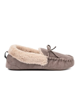 Dark beige slippers with a bow and fluffy interior, moccasin style