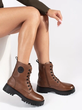 Brown Leather Lace-Up Platform Ankle Boots by Sergio Leone