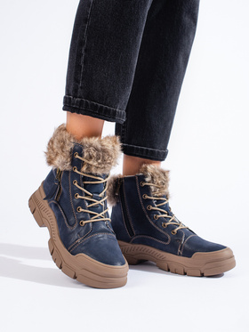 Navy Blue Boots with Faux Fur Trim