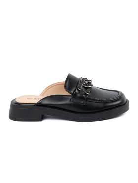 Black faux leather mules with low heel