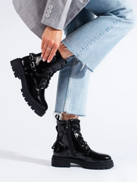 Glossy Black Chain-Embellished Boots