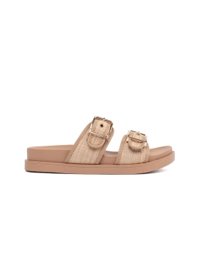 Beige flat flip-flops with buckles