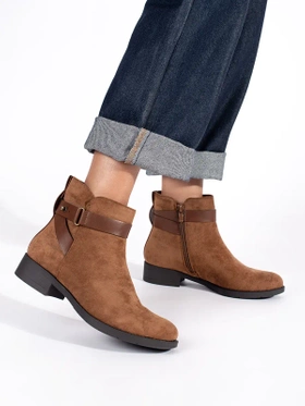 Brown Suede Ankle Boots with Decorative Strap