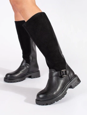 Sergio Leone Black Leather Riding Boots with Platform