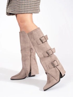 Beige Suede Buckle Boots with Block Heel