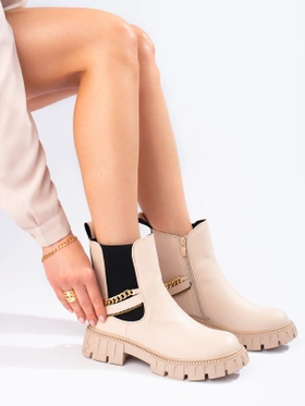 Beige Ankle Boots with Chain Detail