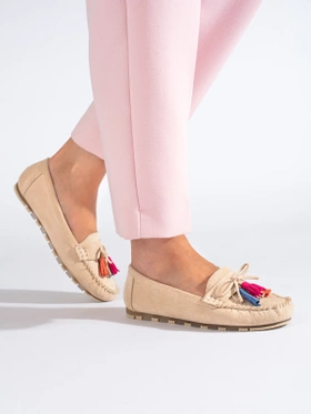 Boho Suede Loafers with Tassels in Beige