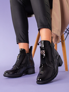 Glossy Black Flat Heel Ankle Boots