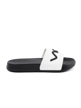 Black and white flip-flops with inscription