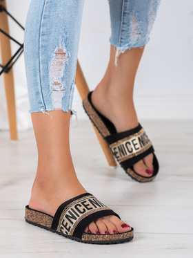 Shelovet Black Cork Sandals with Crystals