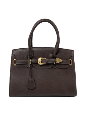 Dark Brown Handbag with Decorative Gold Buckle