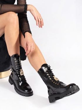 Glossy Black Platform Lace-Up Boots with Charm Accents