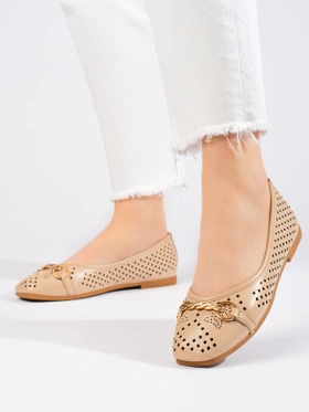 Beige Lattice Ballet Flats with Chain