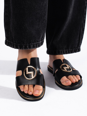 Black Flat Slides with a Golden Accent